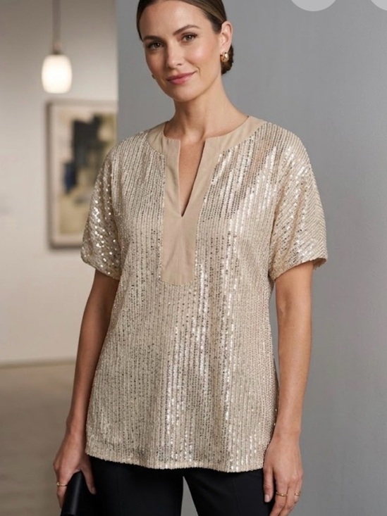 no brand Tops - Gold Sequin V-Neck Party Blouse – Elegant Tunic Style